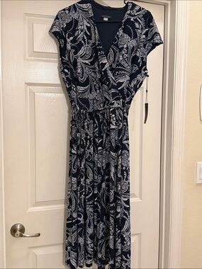 Tommy Hilfiger Navy and White Paisley Wrap Midi Dress